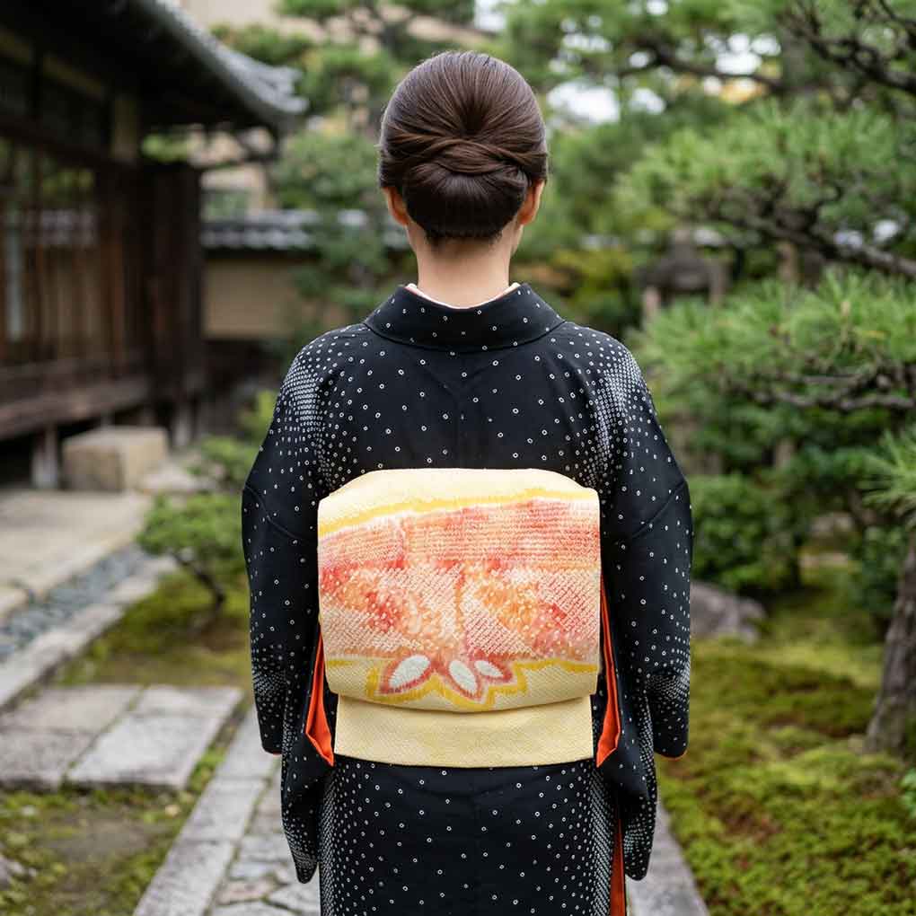 名古屋帯 リサイクル帯 幅30.5cm 長さ353cm レディース 絞り 秋冬春用 正絹(シルク)イエロー やや難 リメイク リユース【ランクB】