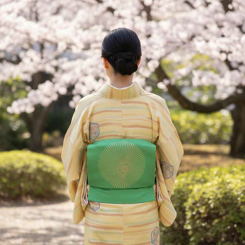 名古屋帯 リサイクル帯 幅32cm 長さ370cm レディース 刺繍 秋冬春用 正絹（シルク）グリーン やや難 塩瀬 リメイク リユース【ランクB】