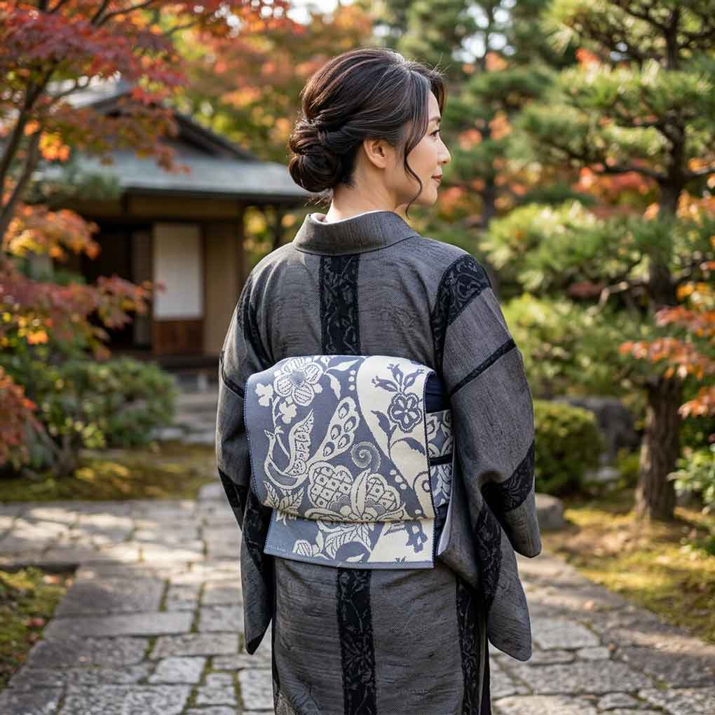 名古屋帯 リサイクル帯 幅31cm 長さ339cm レディース 花柄 秋冬春用 正絹（シルク）グレー やや難 リメイク リユース【ランクB】