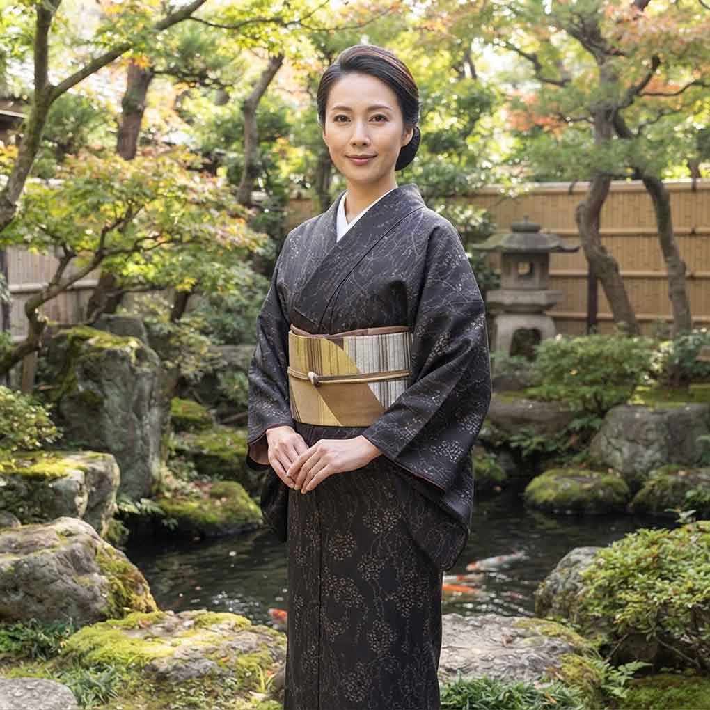 紬 リサイクル着物 身丈164cm 裄66cm 前幅25cm 後幅30.5cm 袖丈49cm 袖幅33.5cm レディース 袷 植物 裄長 裄M-Lサイズ 秋冬春用 正絹(シルク)ブラック トールサイズ 美品 リメイク リユース【ランクA】