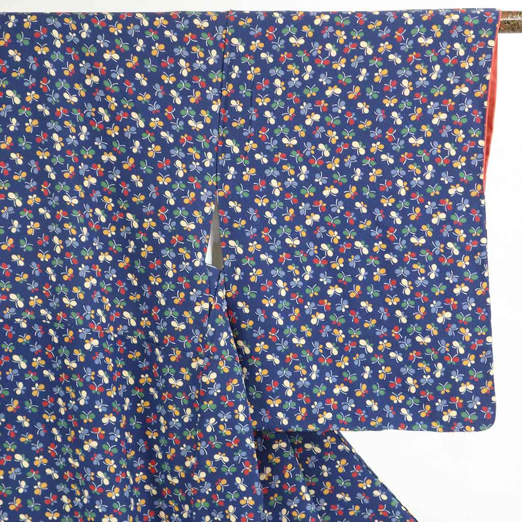 リサイクル 小紋 紺地 蝶柄 袷 正絹 着物 レディース 秋冬春用 シルク ネイビー 裄SSサイズ身丈150cm 裄59cm 前幅24cm 後幅29cm 袖丈49cm【ランクA】