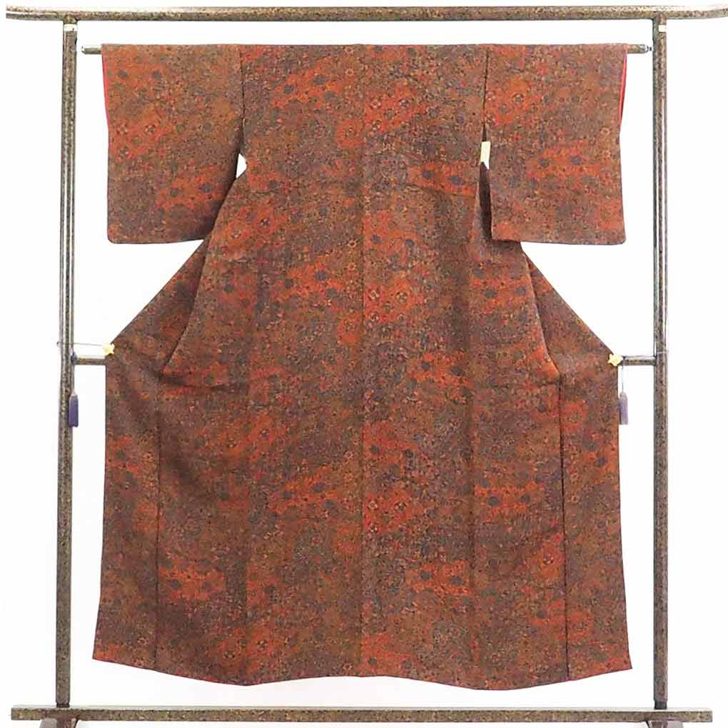 【在庫処分】リサイクル着物 小紋正絹赤茶地袷更紗模様袷小紋着物レディース【裄Sサイズ】【ランクA】