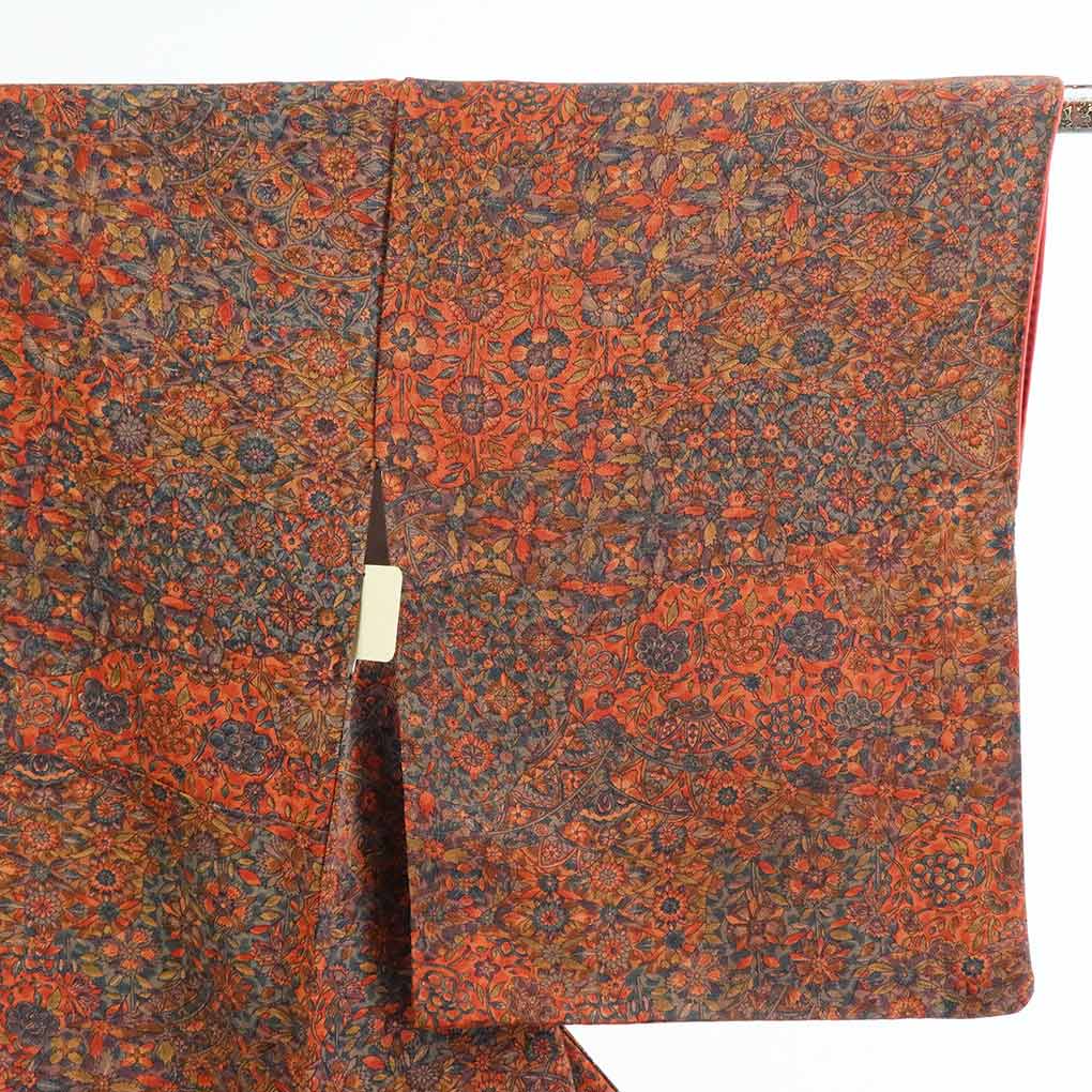 【在庫処分】リサイクル着物 小紋正絹赤茶地袷更紗模様袷小紋着物レディース【裄Sサイズ】【ランクA】