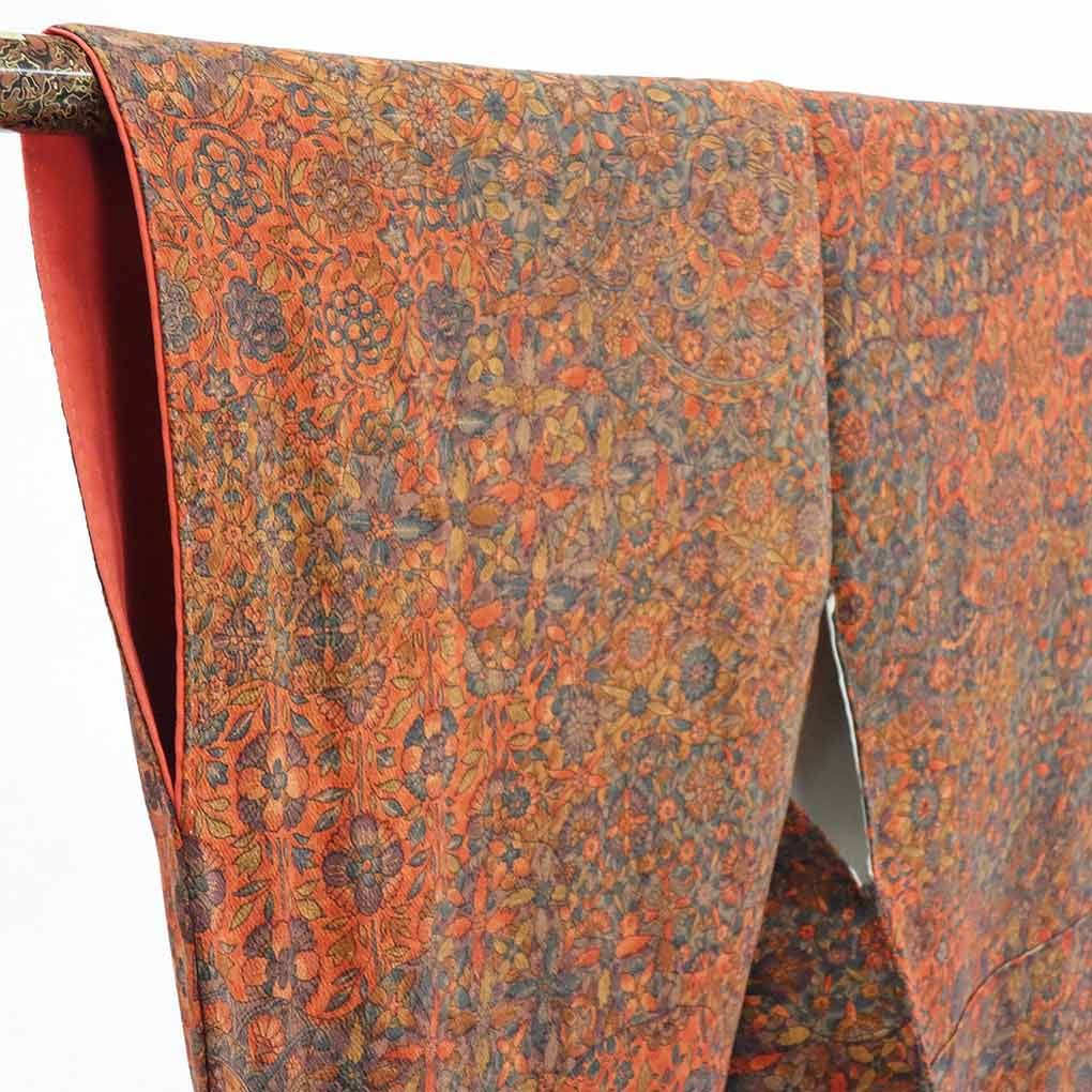 【在庫処分】リサイクル着物 小紋正絹赤茶地袷更紗模様袷小紋着物レディース【裄Sサイズ】【ランクA】