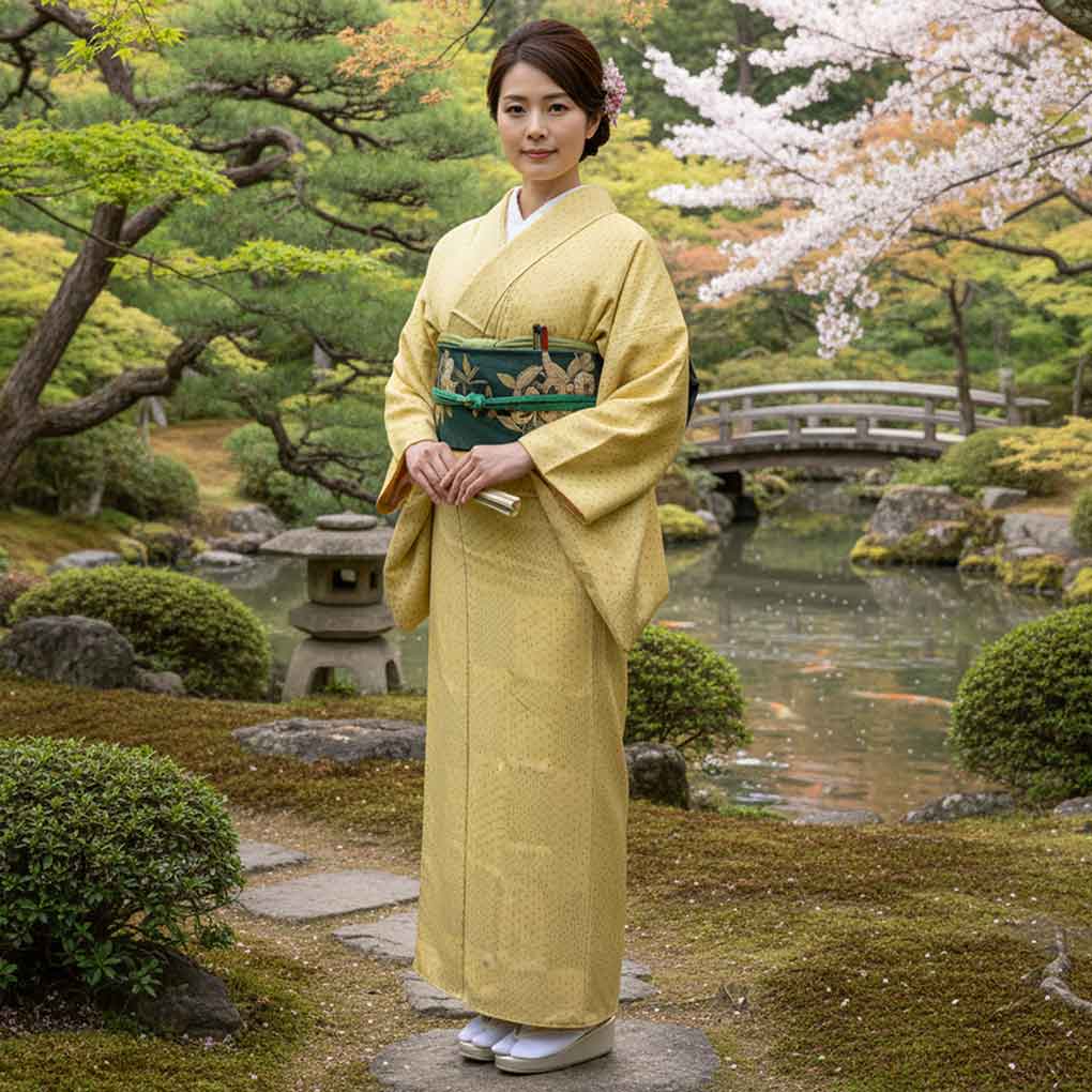 紬 リサイクル着物 身丈154cm 裄63.5cm 前幅24.5cm 後幅30cm 袖丈47cm 袖幅32cm レディース 袷 絣模様 裄Mサイズ 秋冬春用 正絹(シルク)イエロー 未使用品 リメイク リユース【ランクS】