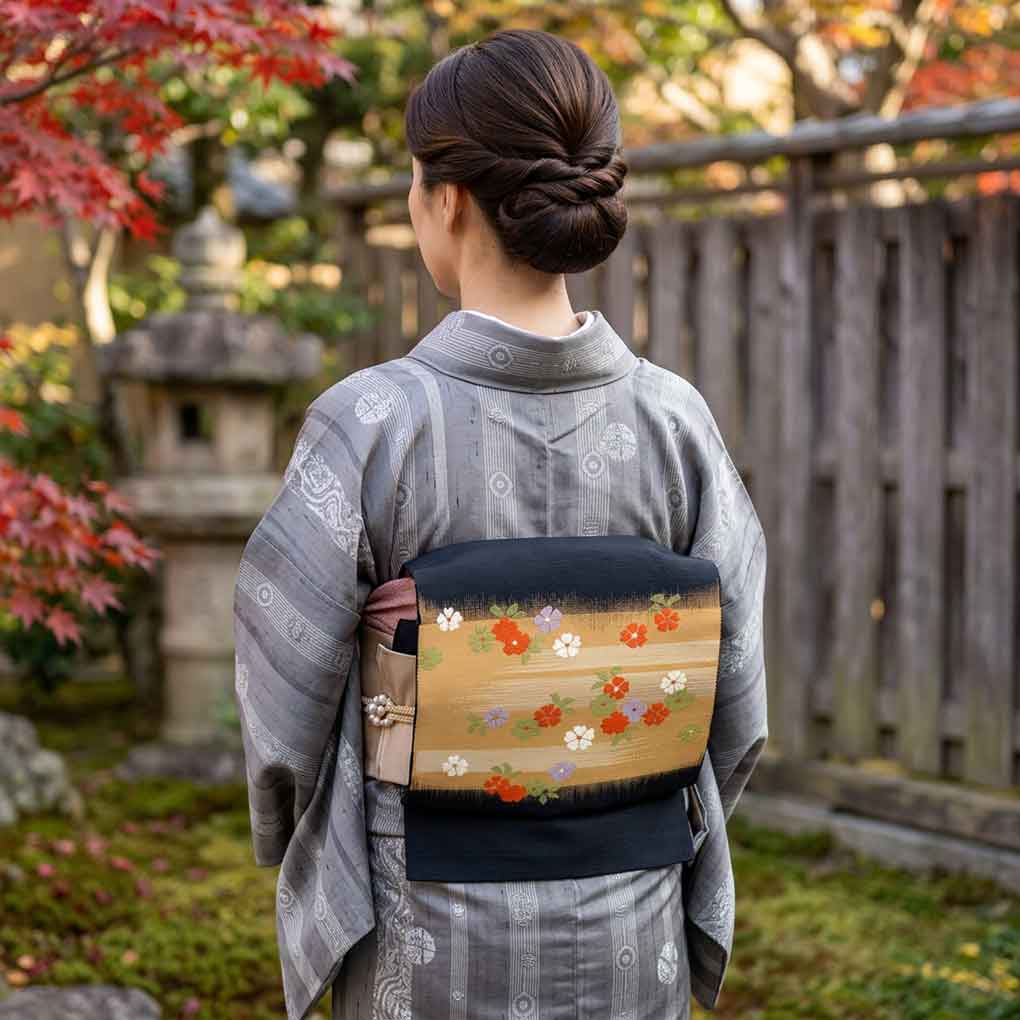 名古屋帯 リサイクル帯 幅32cm 長さ350cm レディース なでしこ 秋冬春用 正絹(シルク)ブラック 美品 リメイク リユース【ランクA】