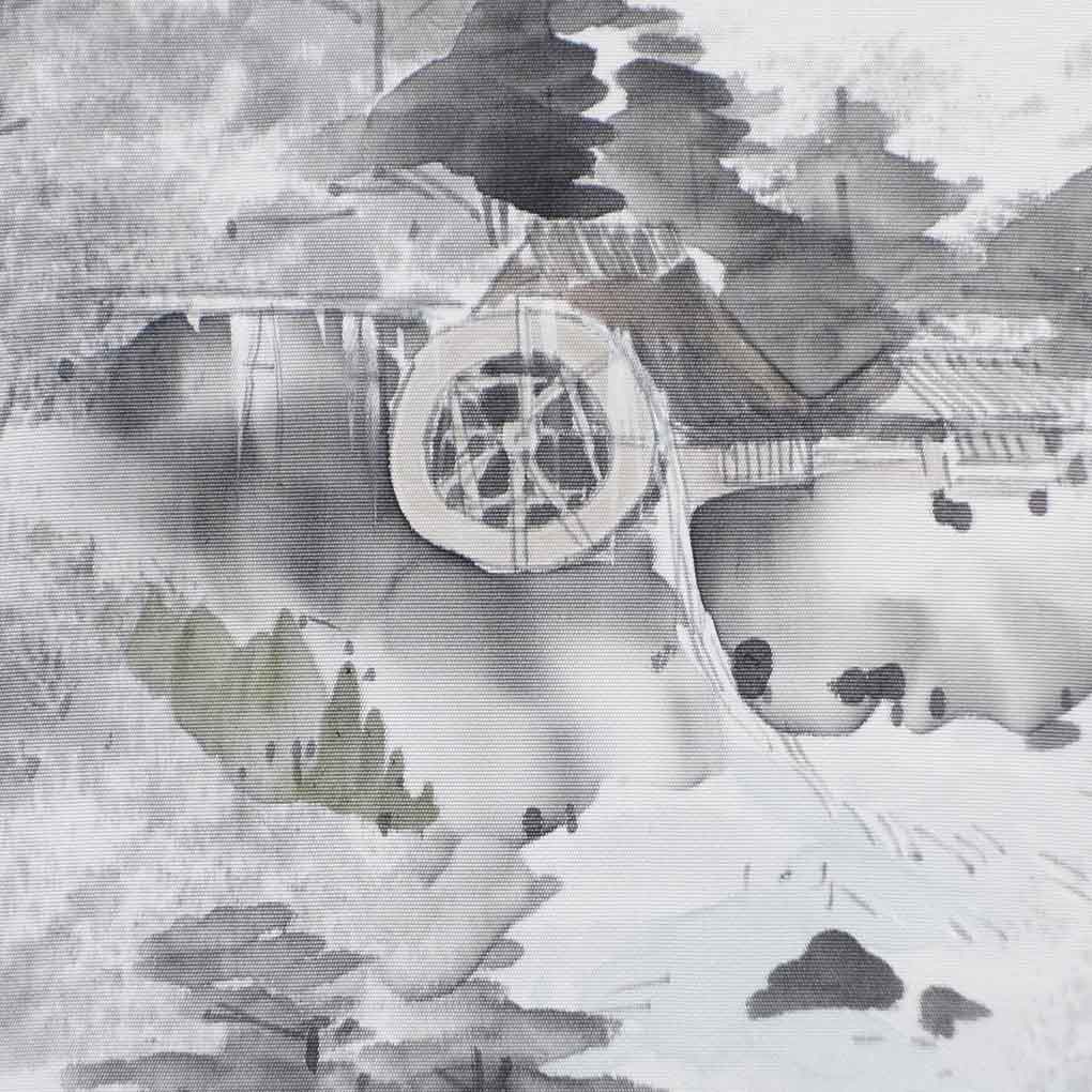 名古屋帯 リサイクル帯 幅31cm 長さ384cm レディース 風景画 秋冬春用 正絹(シルク)グレー 美品 塩瀬 リメイク リユース【ランクA】