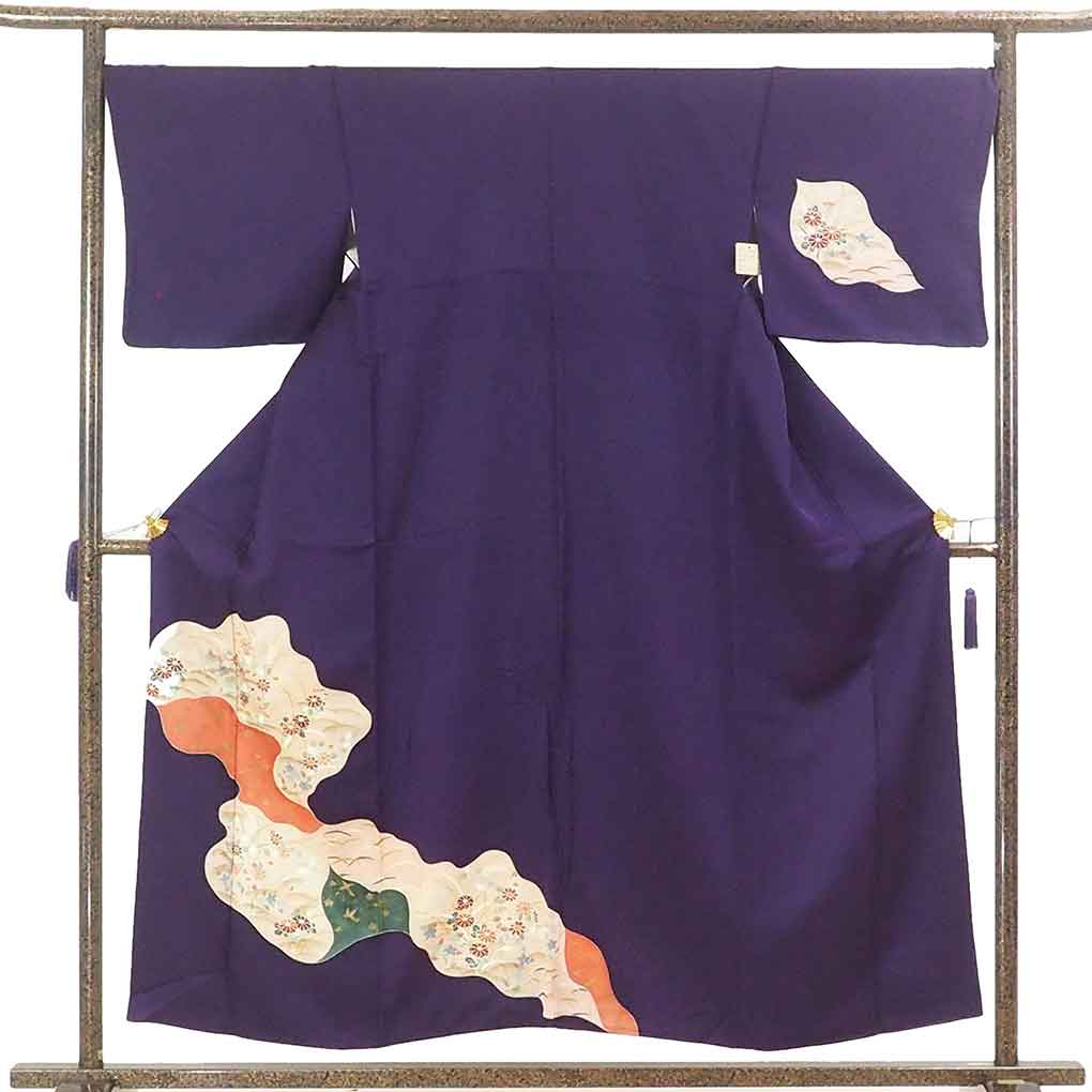 リサイクル 訪問着 着物 身丈155cm 裄70cm 前幅24cm 後幅30cm 袖丈45cm 袖幅35cm レディース 袷 花柄 裄長 裄L-LLサイズ 秋冬春用 正絹（シルク）紫地 やや難 リサイクル リメイク リユース【ランクB】