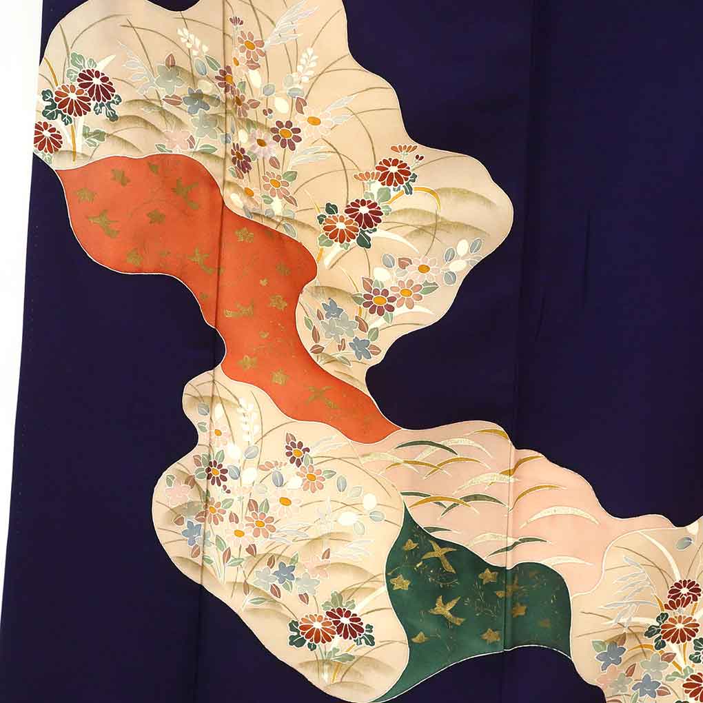 リサイクル 訪問着 着物 身丈155cm 裄70cm 前幅24cm 後幅30cm 袖丈45cm 袖幅35cm レディース 袷 花柄 裄長 裄L-LLサイズ 秋冬春用 正絹（シルク）紫地 やや難 リサイクル リメイク リユース【ランクB】