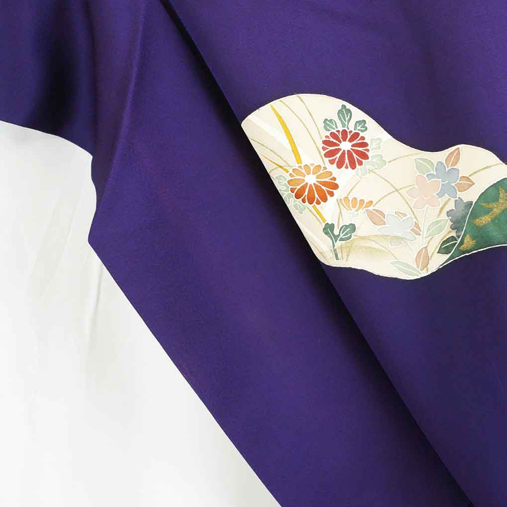リサイクル 訪問着 着物 身丈155cm 裄70cm 前幅24cm 後幅30cm 袖丈45cm 袖幅35cm レディース 袷 花柄 裄長 裄L-LLサイズ 秋冬春用 正絹（シルク）紫地 やや難 リサイクル リメイク リユース【ランクB】