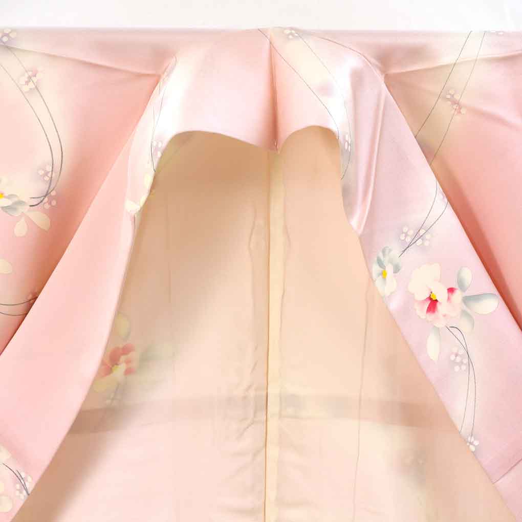 小紋 リサイクル着物 身丈163cm 裄65cm 前幅22.5cm 後幅30cm 袖丈49cm 袖幅32.5cm レディース 袷 花柄 裄Mサイズ 秋冬春用 正絹（シルク）ピンク 未使用品 リメイク リユース【ランクS】