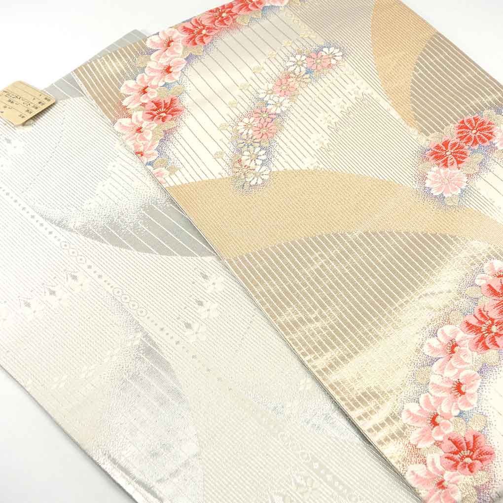 袋帯 リサイクル帯 幅30cm 長さ429cm レディース 花柄 秋冬春用 正絹(シルク)ゴールド 美品 リメイク リユース【ランクA】