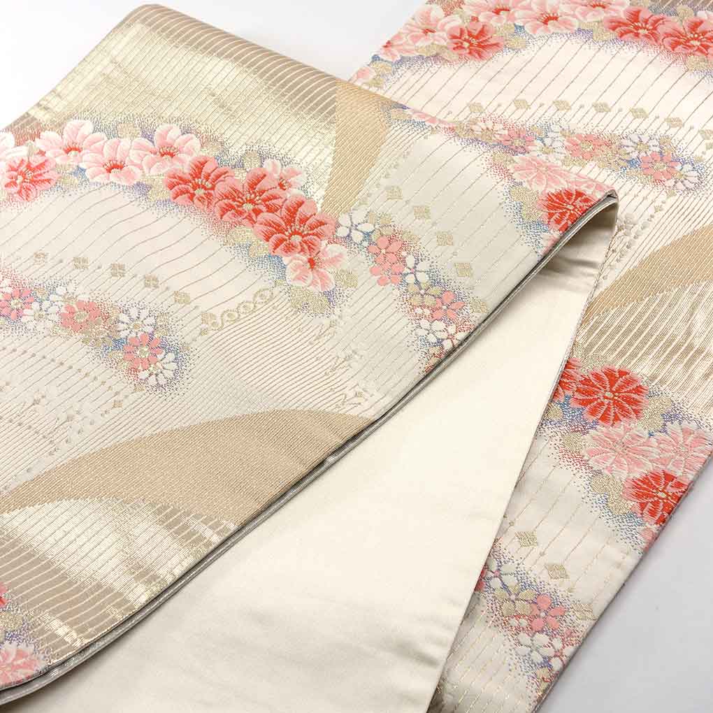 袋帯 リサイクル帯 幅30cm 長さ429cm レディース 花柄 秋冬春用 正絹(シルク)ゴールド 美品 リメイク リユース【ランクA】