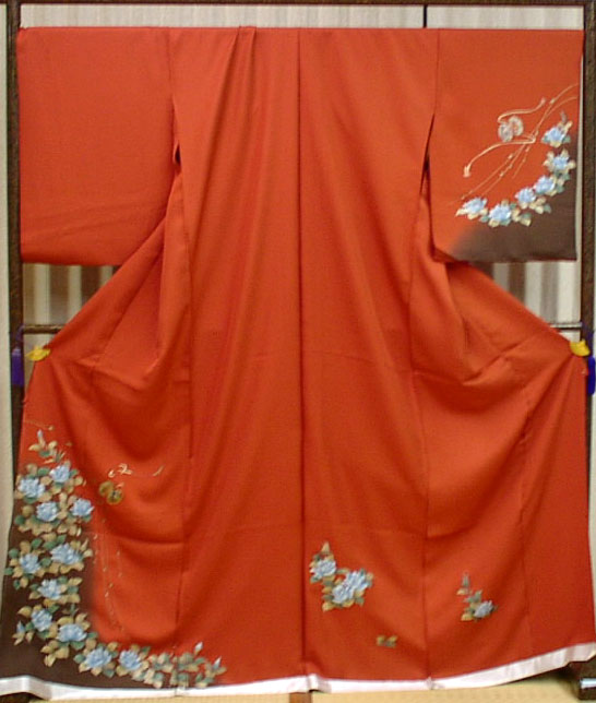 正絹訪問着レンガ色にモダンな洋花と鼓【新品】