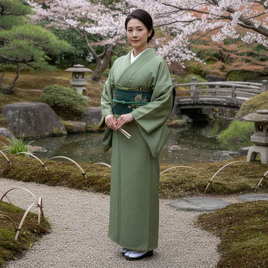 色無地 リサイクル着物 身丈154cm 裄63cm 前幅23.5cm 後幅28cm 袖丈45cm 袖幅32cm レディース 袷 花菱 裄Mサイズ 秋冬春用 正絹（シルク）グリーン やや難 リメイク リユース【ランクB】