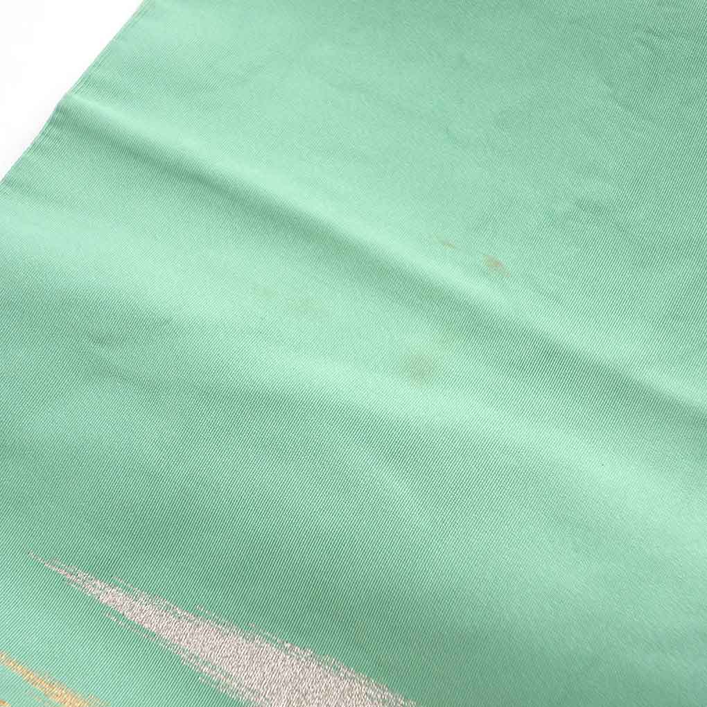 名古屋帯 リサイクル帯 幅30.5cm 長さ360cm レディース 横段柄 秋冬春用 正絹（シルク）グリーン 難有り 綴織 リメイク リユース【ランクC】