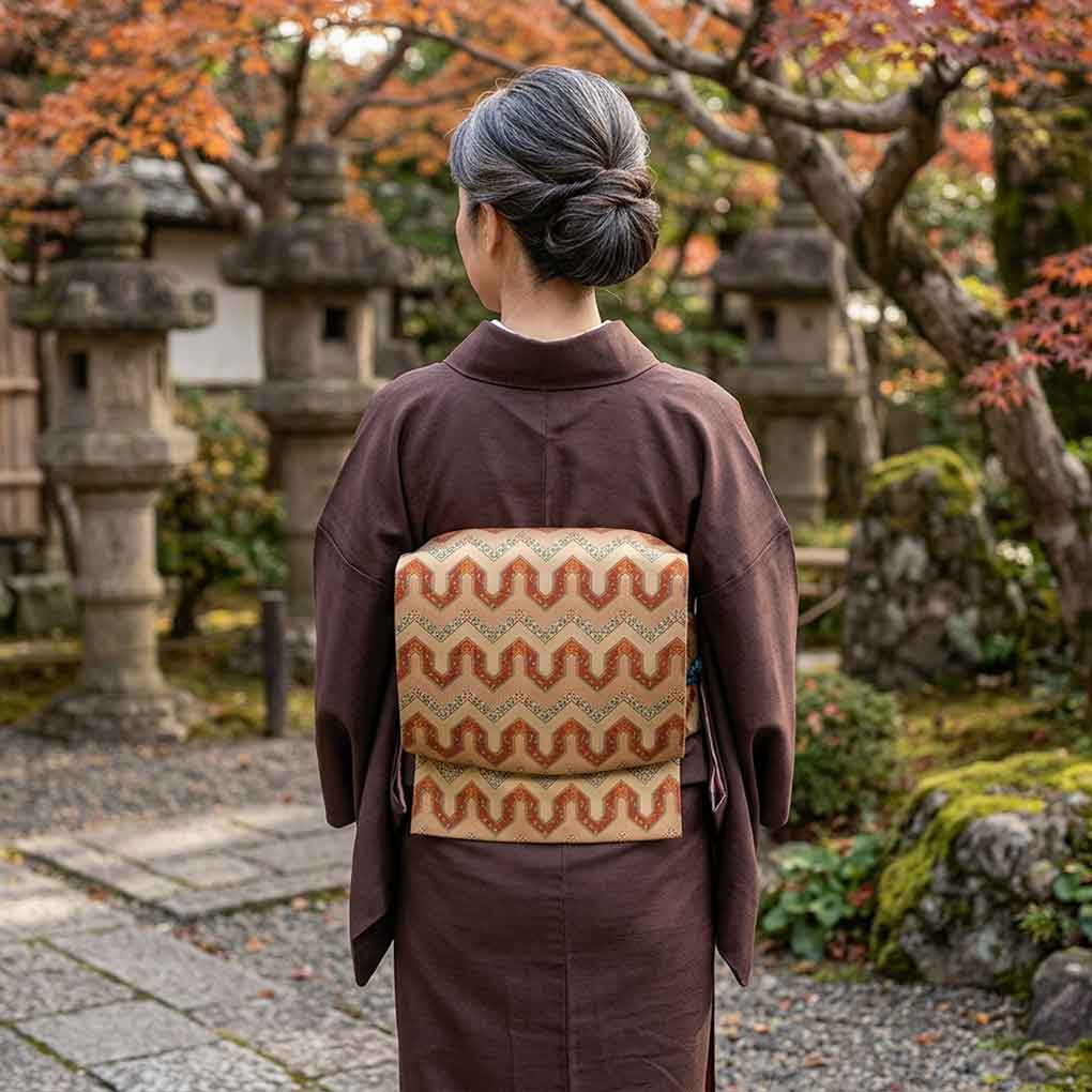 名古屋帯 リサイクル帯 幅31.5cm 長さ349cm レディース 連続模様 秋冬春用 正絹（シルク）ブラウン 美品 リメイク リユース【ランクA】