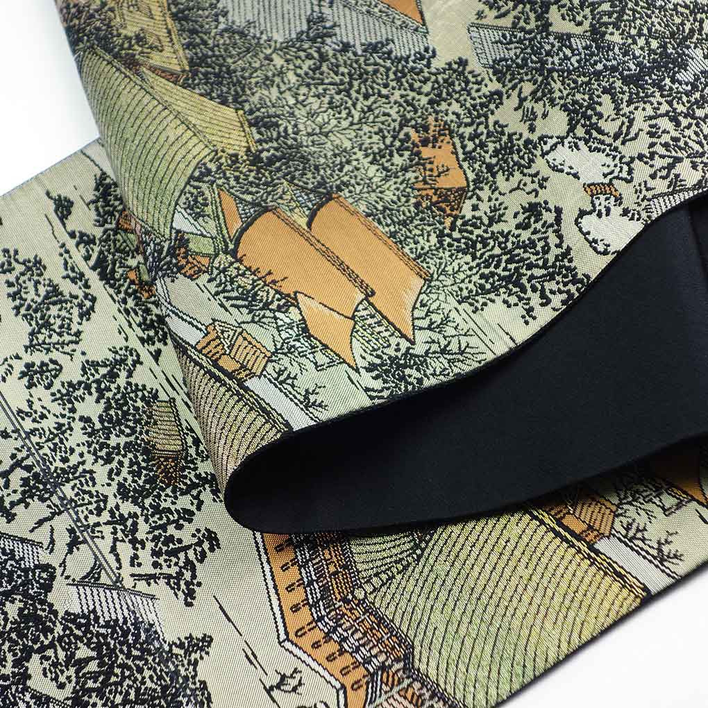 名古屋帯 リサイクル帯 幅30cm 長さ360cm レディース 風景画 秋冬春用 正絹（シルク）グリーン 美品 リメイク リユース【ランクA】