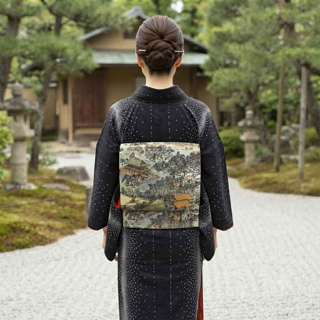 名古屋帯 リサイクル帯 幅30cm 長さ360cm レディース 風景画 秋冬春用 正絹（シルク）グリーン 美品 リメイク リユース【ランクA】