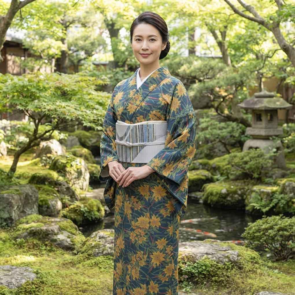 紬 リサイクル着物 身丈157cm 裄66cm 前幅24cm 後幅30cm 袖丈49cm 袖幅33cm レディース 単衣 花柄 裄長 裄M-Lサイズ 初夏・初秋用 正絹（シルク）ネイビー 美品 リメイク リユース【ランクA】