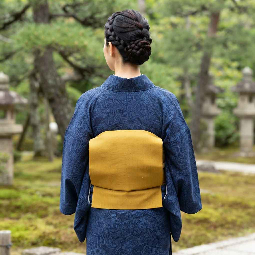 名古屋帯 リサイクル帯 幅30cm 長さ354cm レディース 無地 秋冬春用 正絹(シルク)イエロー 美品 リメイク リユース【ランクA】