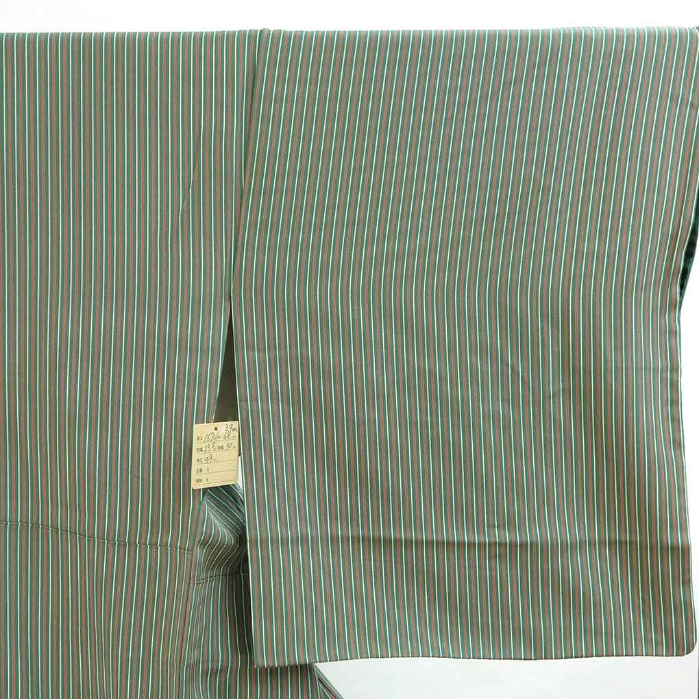 小紋 リサイクル着物 身丈167cm 裄68cm 前幅23.5cm 後幅30cm 袖丈49cm 袖幅34cm レディース 袷 縞 裄長 裄Lサイズ 秋冬春用 正絹（シルク）グリーン トールサイズ 美品 リメイク リユース【ランクA】