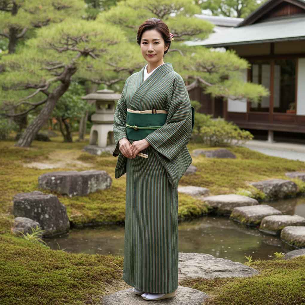 小紋 リサイクル着物 身丈167cm 裄68cm 前幅23.5cm 後幅30cm 袖丈49cm 袖幅34cm レディース 袷 縞 裄長 裄Lサイズ 秋冬春用 正絹（シルク）グリーン トールサイズ 美品 リメイク リユース【ランクA】