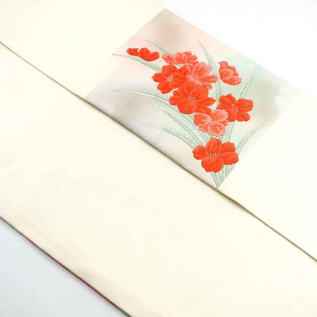 名古屋帯 リサイクル帯 幅31cm 長さ364cm レディース 花柄 秋冬春用 正絹（シルク）ホワイト 美品 リメイク リユース【ランクA】