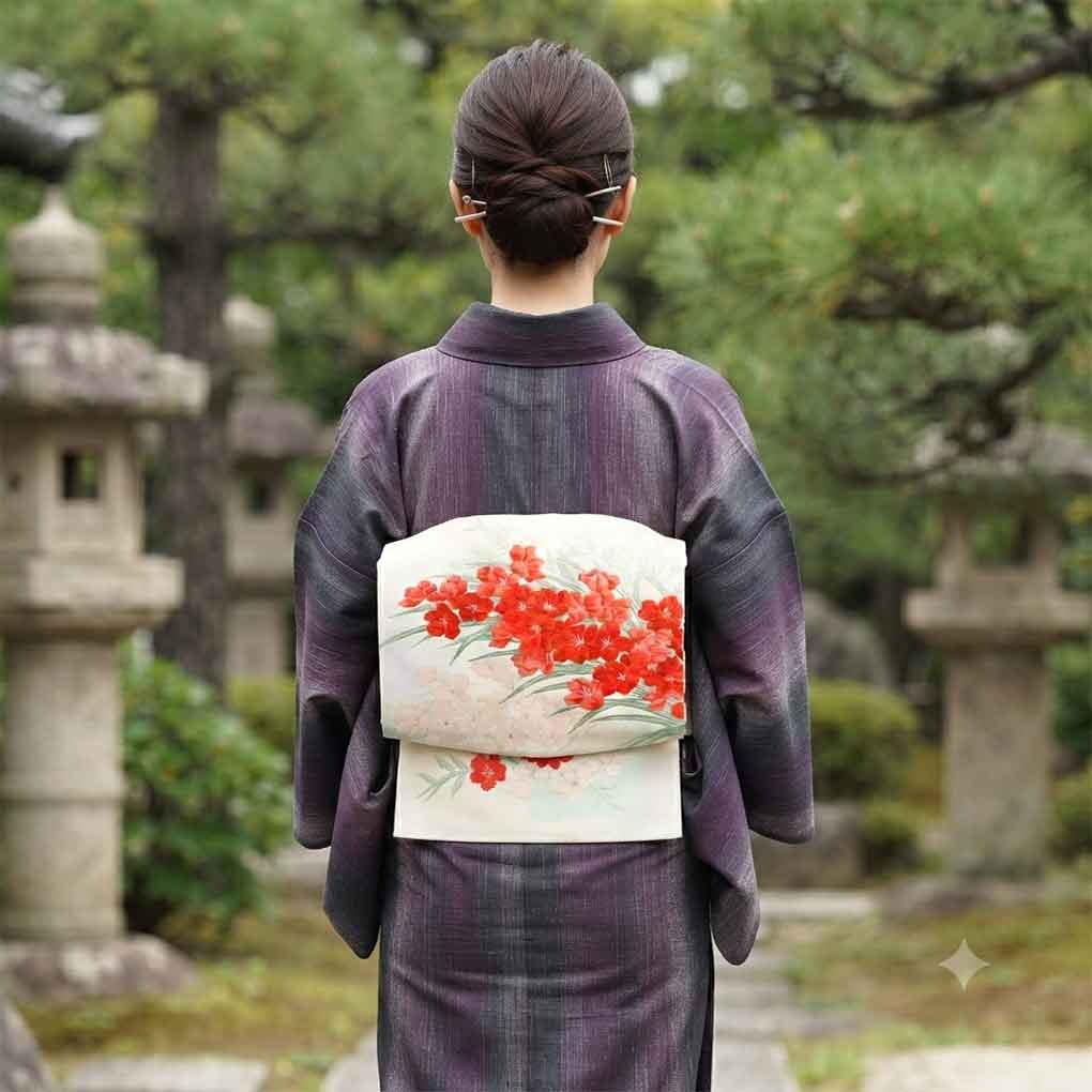 名古屋帯 リサイクル帯 幅31cm 長さ364cm レディース 花柄 秋冬春用 正絹（シルク）ホワイト 美品 リメイク リユース【ランクA】