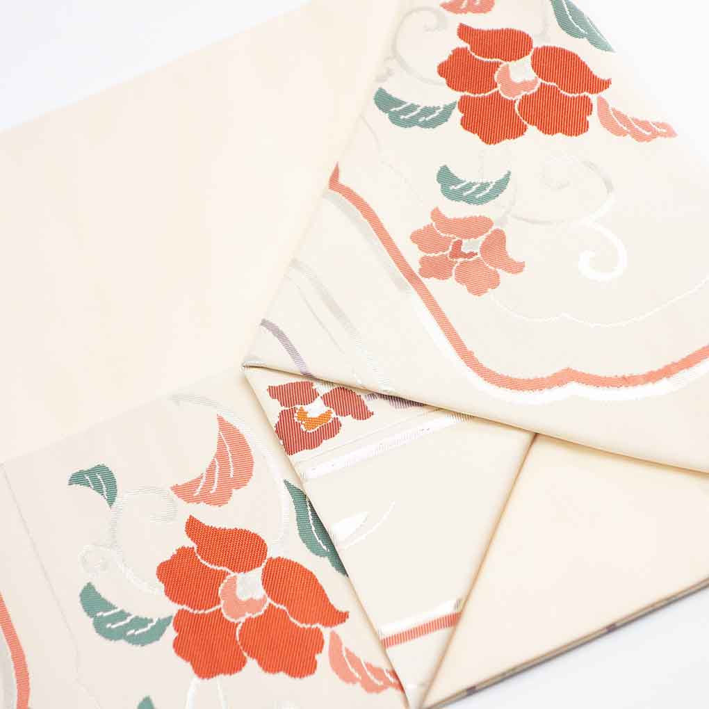 名古屋帯 リサイクル帯 幅30.5cm 長さ359cm レディース 花柄 秋冬春用 正絹（シルク）ピンク 未使用品 リメイク リユース【ランクS】