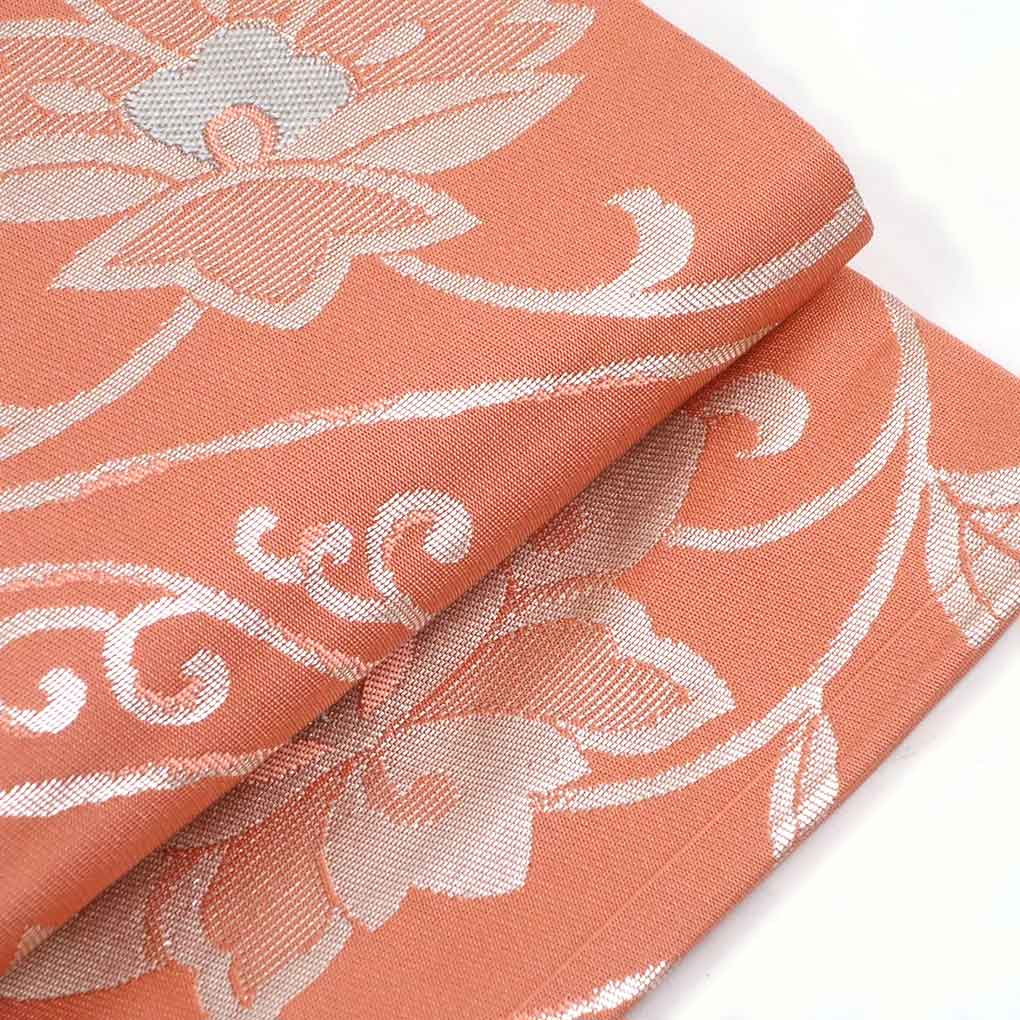 MO-3050 名古屋帯 手描き 暈し模様 花瓶に刺繍の花柄 ネールピンク MO-3050 名古屋帯 手描き 暈し模様 花瓶に刺繍の花柄 ネール