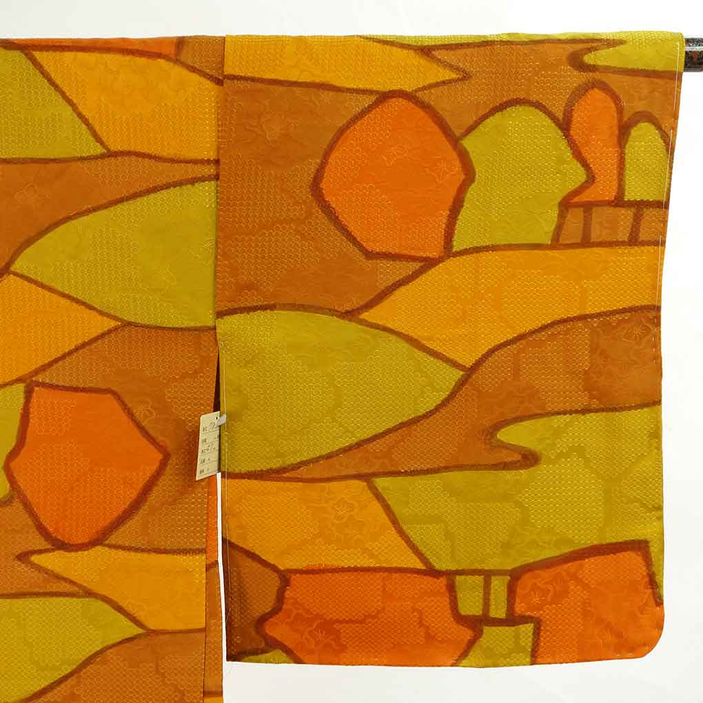 羽織 リサイクル着物 羽織丈78cm 裄63cm 袖丈47cm 袖幅32.5cm レディース 袷 抽象柄 裄Mサイズ 秋冬春用 正絹（シルク）オレンジ 未使用品 リメイク リユース【ランクS】