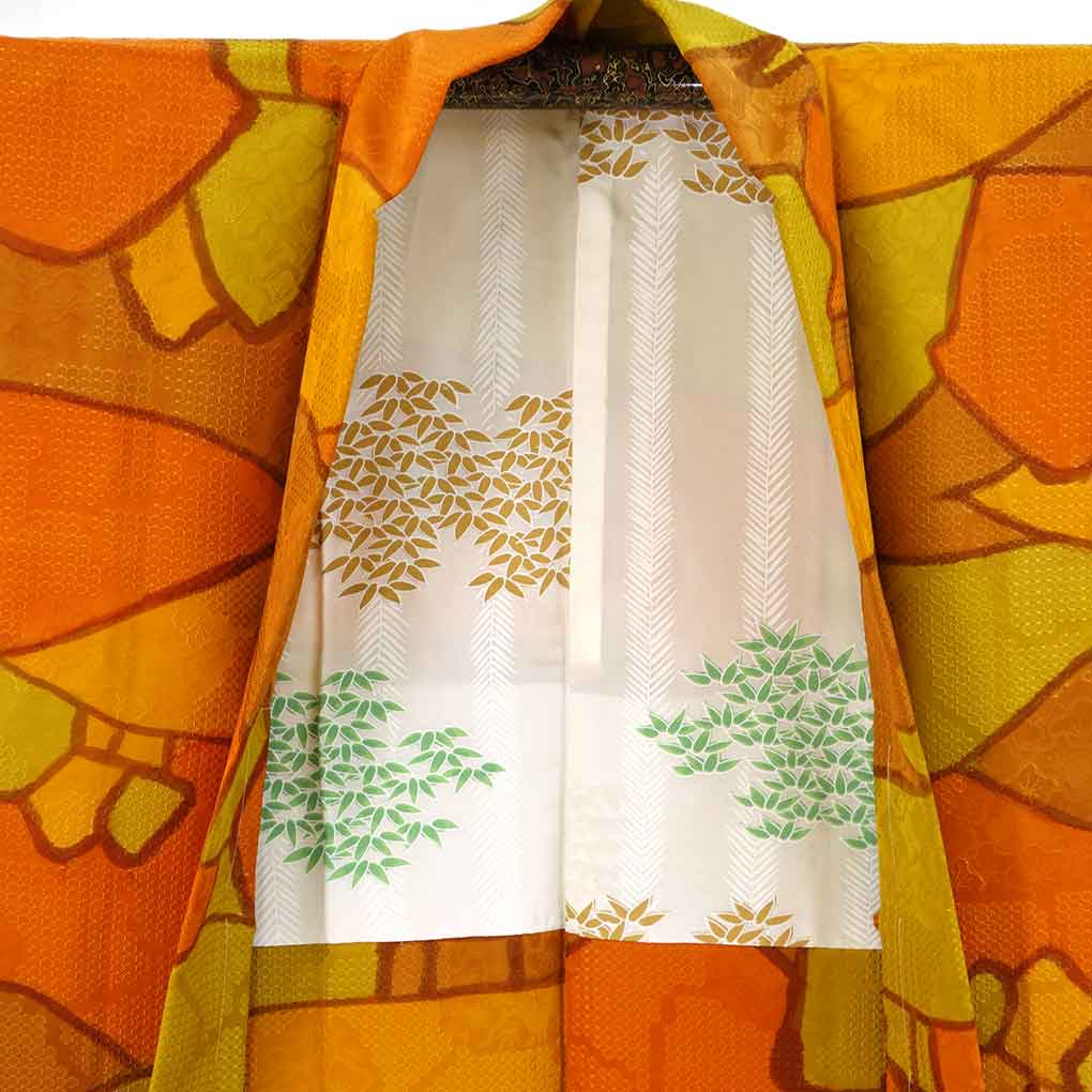 羽織 リサイクル着物 羽織丈78cm 裄63cm 袖丈47cm 袖幅32.5cm レディース 袷 抽象柄 裄Mサイズ 秋冬春用 正絹（シルク）オレンジ 未使用品 リメイク リユース【ランクS】