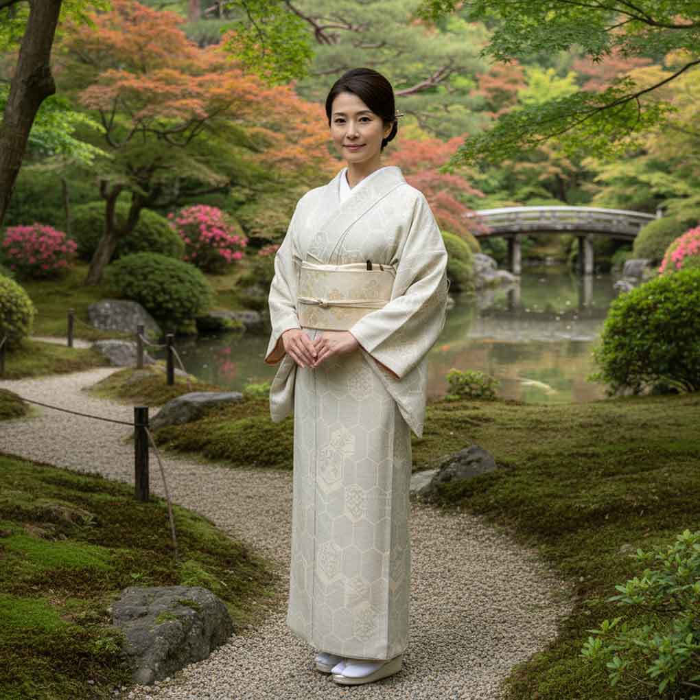 紬 リサイクル着物 身丈165cm 裄65cm 前幅23cm 後幅30.5cm 袖丈49cm 袖幅33cm レディース 袷 亀甲 裄Mサイズ 秋冬春用 正絹（シルク）ホワイト トールサイズ 美品 リメイク リユース【ランクA】