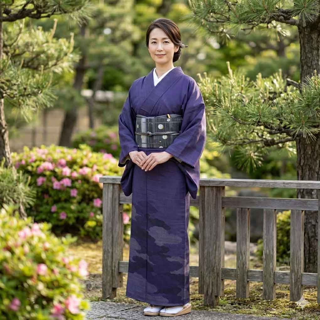 訪問着 リサイクル着物 身丈162cm 裄64cm 前幅24cm 後幅30cm 袖丈49cm 袖幅32.5cm レディース 袷 雲取り 裄Mサイズ 秋冬春用 正絹（シルク）パープル やや難 リメイク リユース【ランクB】