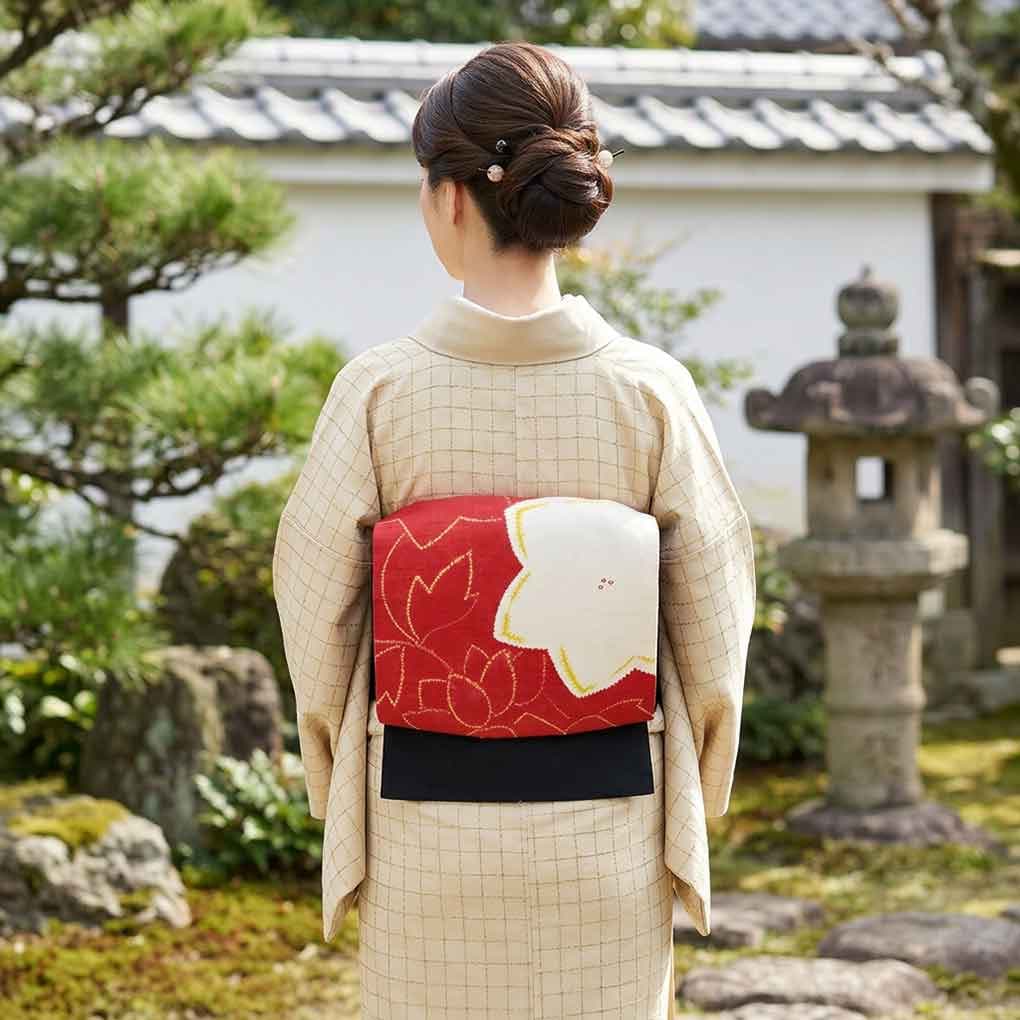 名古屋帯 リサイクル帯 幅30.5cm 長さ367cm レディース 花柄 秋冬春用 正絹(シルク)レッド 美品 リメイク リユース【ランクA】