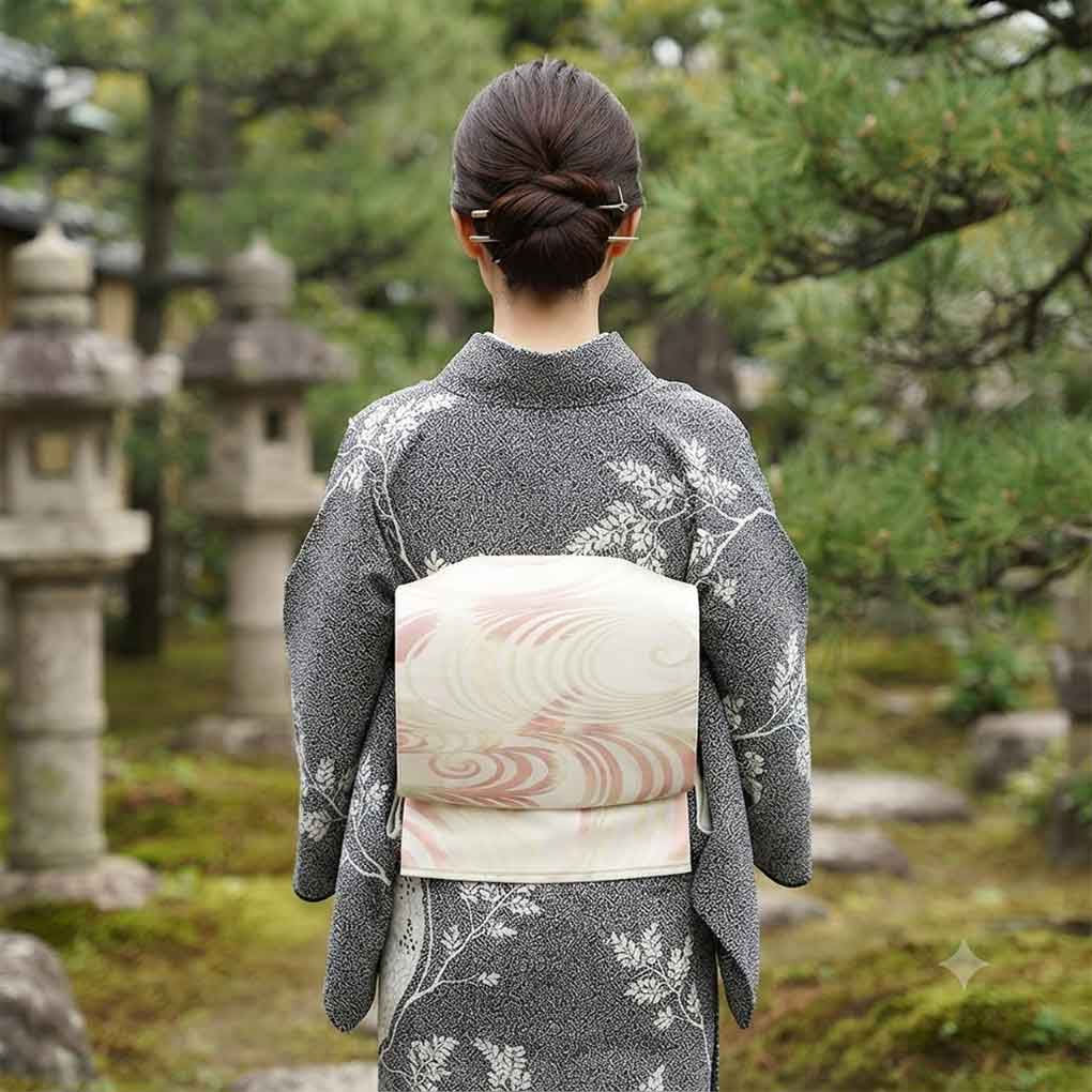 名古屋帯 リサイクル帯 幅30cm 長さ354cm レディース 流水 秋冬春用 正絹（シルク）ホワイト 美品 リメイク リユース【ランクA】