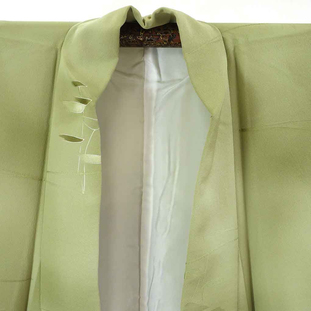 リサイクル着物 小紋 グリーン地 抽象柄 袷 正絹 着物 レディース 秋冬春用 シルク グリーン 裄SSサイズ リユース身丈143cm 裄58cm 前幅21cm 後幅28cm 袖丈44cm【ランクA】