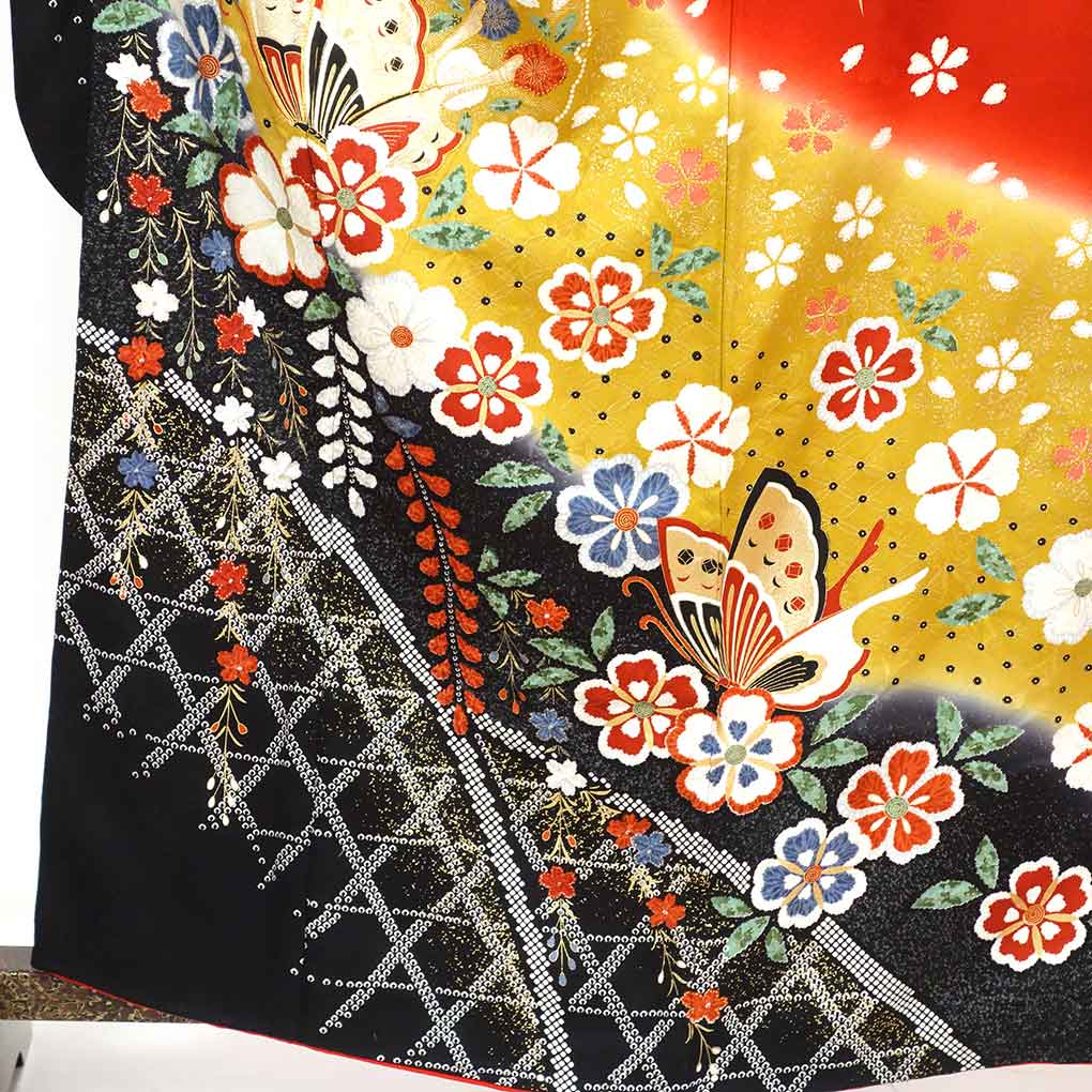 リサイクル 振袖と長襦袢セット 身丈164cm 裄69cm 前幅24cm 後幅30cm 袖丈113cm 袖幅35cm レディース 袷 花柄 裄長 裄L-LLサイズ 秋冬春用 正絹（シルク）赤地 トールサイズ 美品 リサイクル リメイク リユース【ランクA】