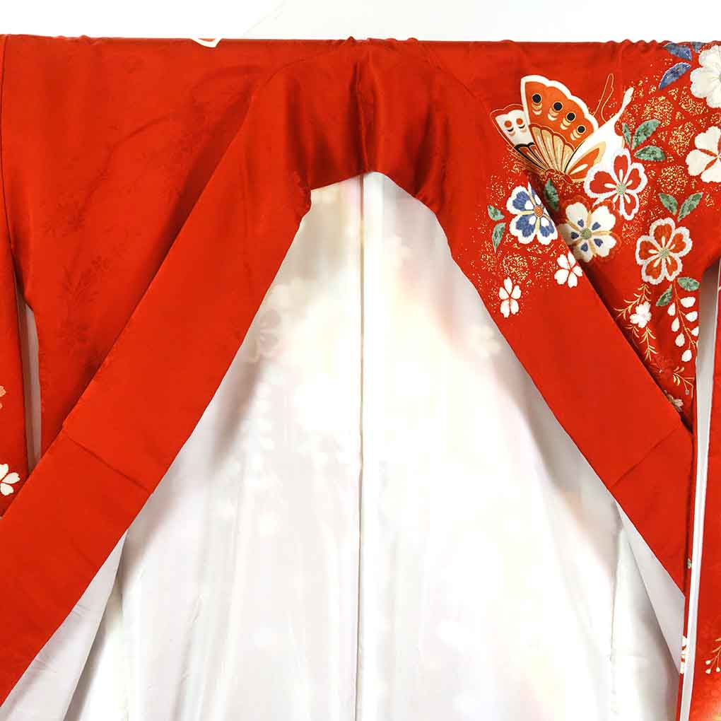 リサイクル 振袖と長襦袢セット 身丈164cm 裄69cm 前幅24cm 後幅30cm 袖丈113cm 袖幅35cm レディース 袷 花柄 裄長 裄L-LLサイズ 秋冬春用 正絹（シルク）赤地 トールサイズ 美品 リサイクル リメイク リユース【ランクA】