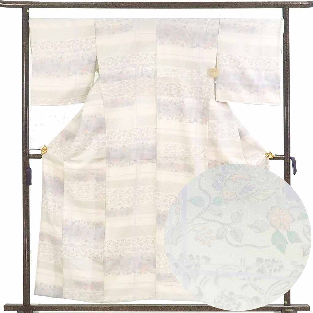 小紋 リサイクル着物 身丈159cm 裄69cm 前幅23cm 後幅29cm 袖丈49cm 袖幅35cm レディース 単衣 花柄 裄長 裄L-LLサイズ 初夏・初秋用 正絹（シルク）ホワイト やや難 リメイク リユース【ランクB】