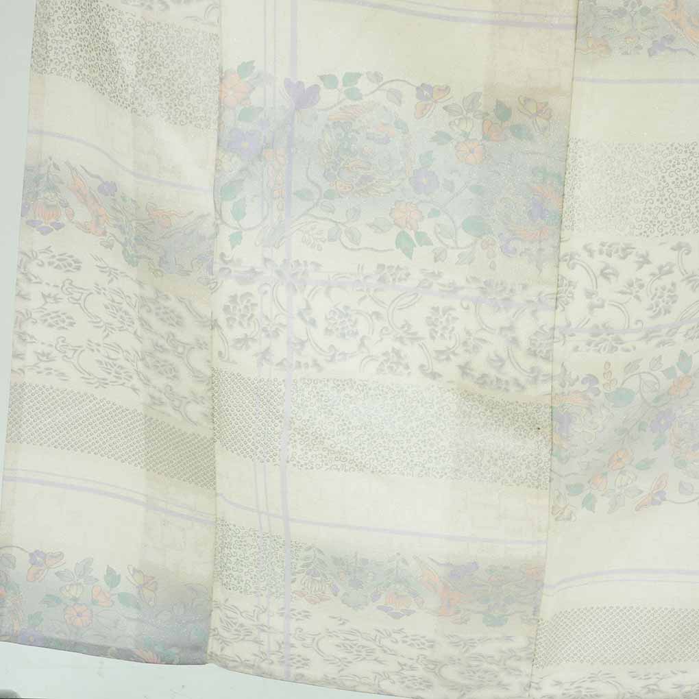 小紋 リサイクル着物 身丈159cm 裄69cm 前幅23cm 後幅29cm 袖丈49cm 袖幅35cm レディース 単衣 花柄 裄長 裄L-LLサイズ 初夏・初秋用 正絹（シルク）ホワイト やや難 リメイク リユース【ランクB】