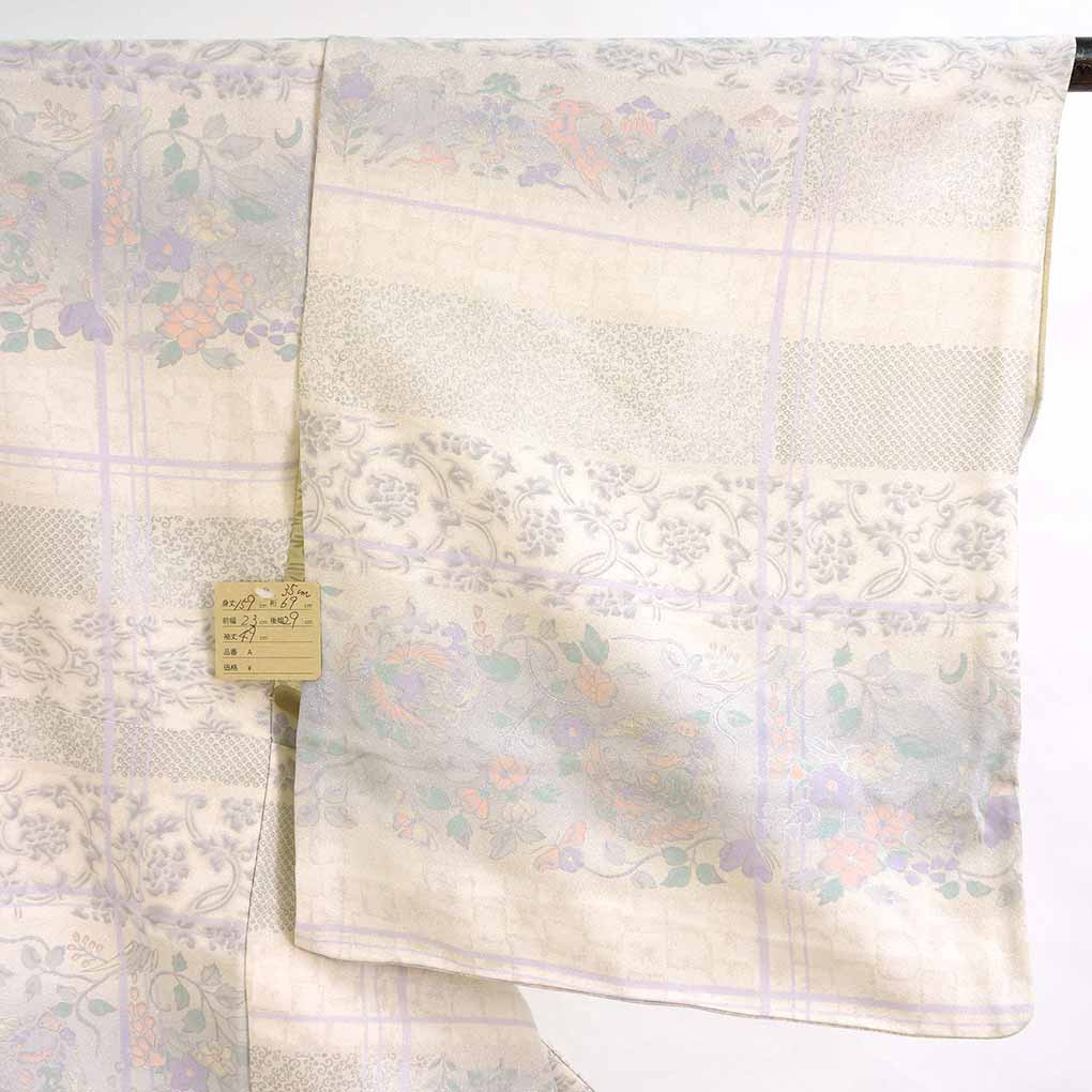 小紋 リサイクル着物 身丈159cm 裄69cm 前幅23cm 後幅29cm 袖丈49cm 袖幅35cm レディース 単衣 花柄 裄長 裄L-LLサイズ 初夏・初秋用 正絹（シルク）ホワイト やや難 リメイク リユース【ランクB】