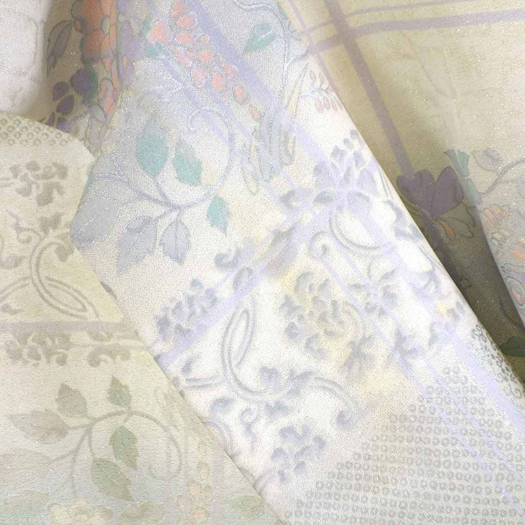 小紋 リサイクル着物 身丈159cm 裄69cm 前幅23cm 後幅29cm 袖丈49cm 袖幅35cm レディース 単衣 花柄 裄長 裄L-LLサイズ 初夏・初秋用 正絹（シルク）ホワイト やや難 リメイク リユース【ランクB】