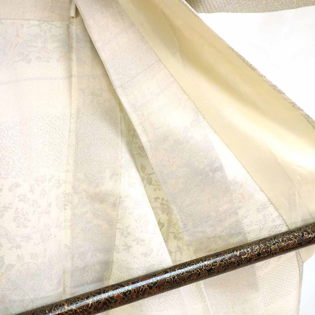 小紋 リサイクル着物 身丈159cm 裄69cm 前幅23cm 後幅29cm 袖丈49cm 袖幅35cm レディース 単衣 花柄 裄長 裄L-LLサイズ 初夏・初秋用 正絹（シルク）ホワイト やや難 リメイク リユース【ランクB】