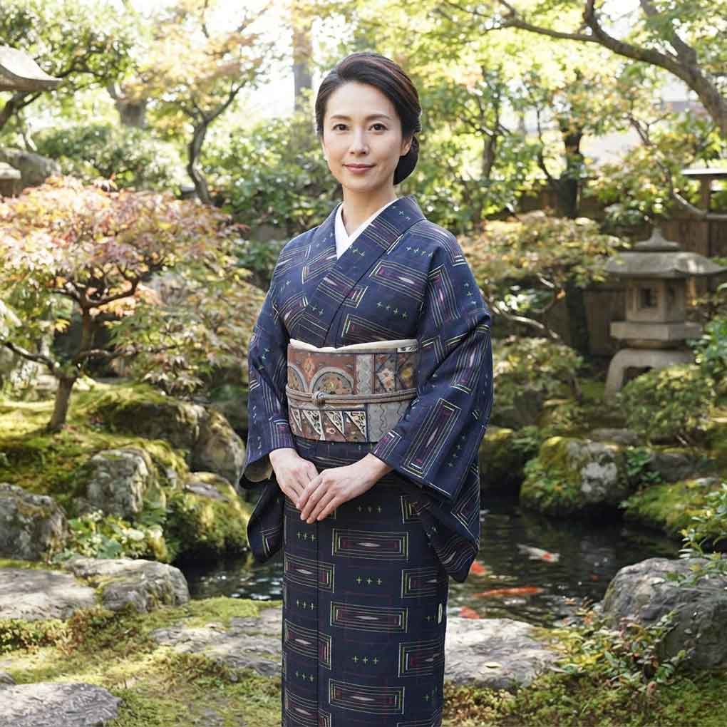 紬 リサイクル着物 身丈156cm 裄64cm 前幅23cm 後幅29.5cm 袖丈49cm 袖幅32cm レディース 単衣 抽象柄 裄Mサイズ 初夏・初秋用 正絹（シルク）ネイビー やや難 リメイク リユース【ランクB】