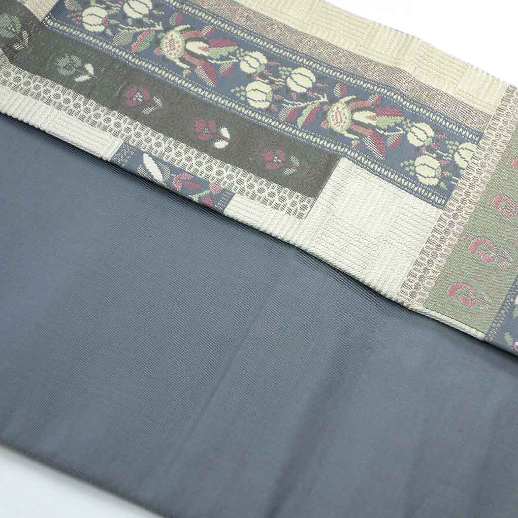 名古屋帯 リサイクル帯 幅29.5cm 長さ350cm レディース 花柄 秋冬春用 正絹(シルク)グレー 美品 リメイク リユース【ランクA】