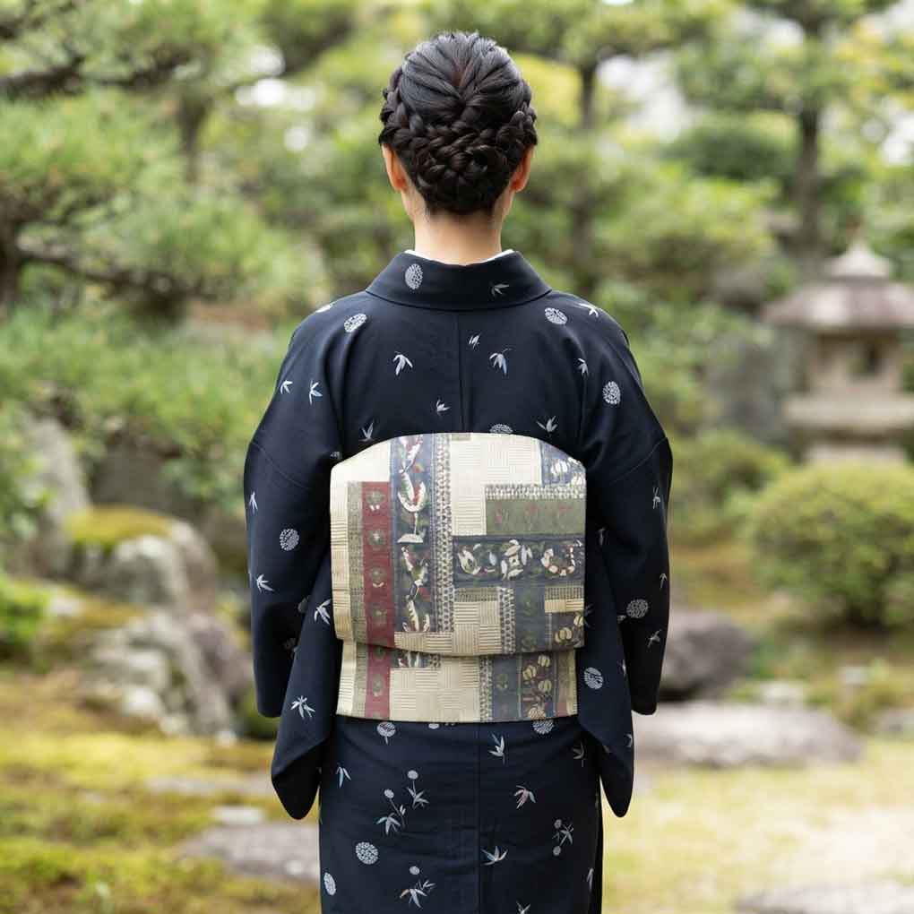 名古屋帯 リサイクル帯 幅29.5cm 長さ350cm レディース 花柄 秋冬春用 正絹(シルク)グレー 美品 リメイク リユース【ランクA】