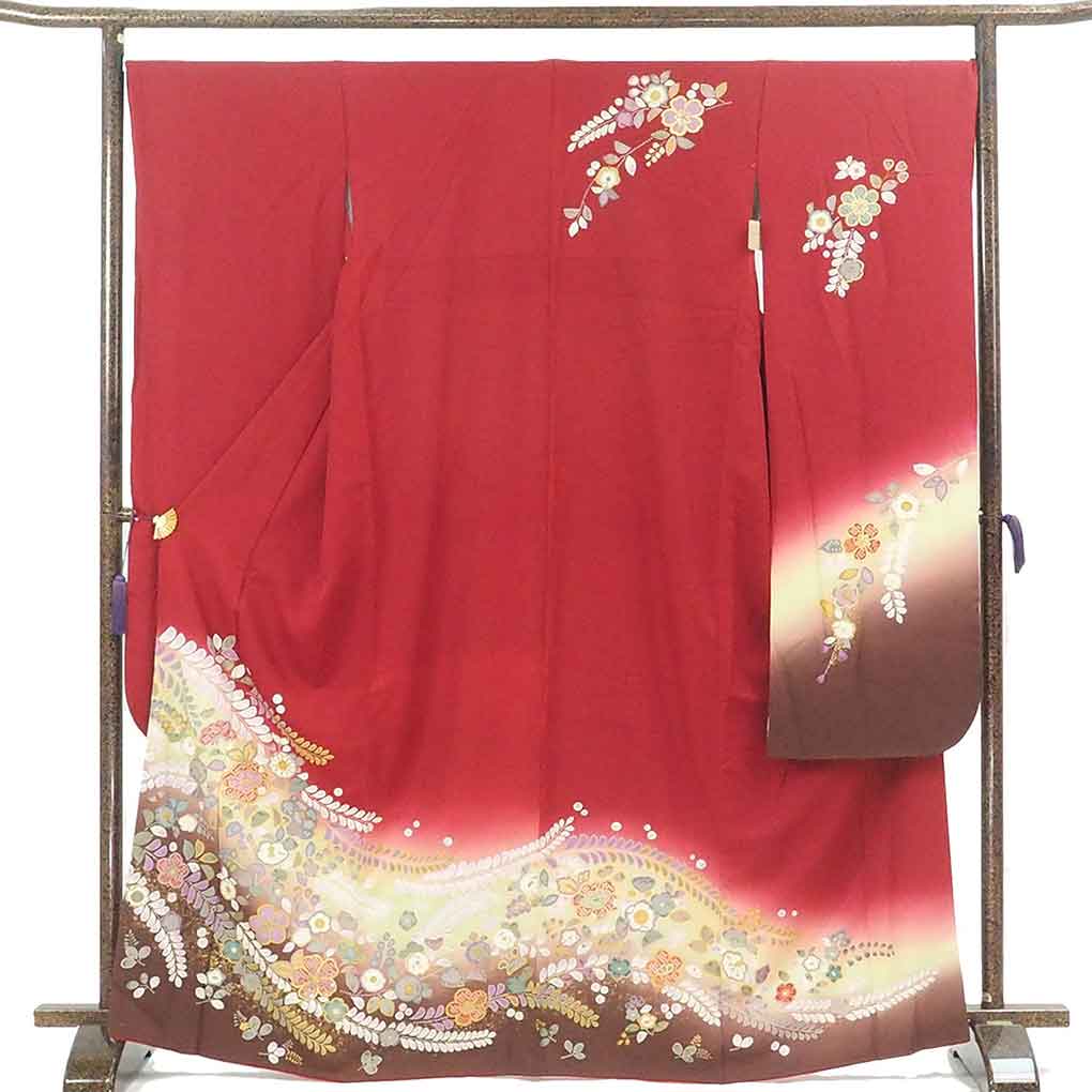 振袖 リサイクル着物 身丈168cm 裄68cm 前幅25cm 後幅30.5cm 袖丈114cm 袖幅34cm レディース 袷 辻ヶ花 裄長 裄Lサイズ 秋冬春用 正絹(シルク)レッド トールサイズ 美品 リメイク リユース【ランクA】
