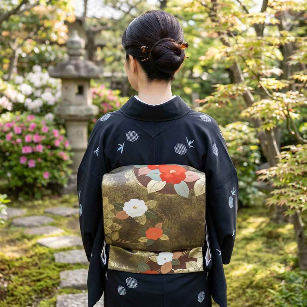 名古屋帯 リサイクル帯 幅30cm 長さ355cm レディース 椿 秋冬春用 正絹（シルク）ブラウン 美品 リメイク リユース【ランクA】